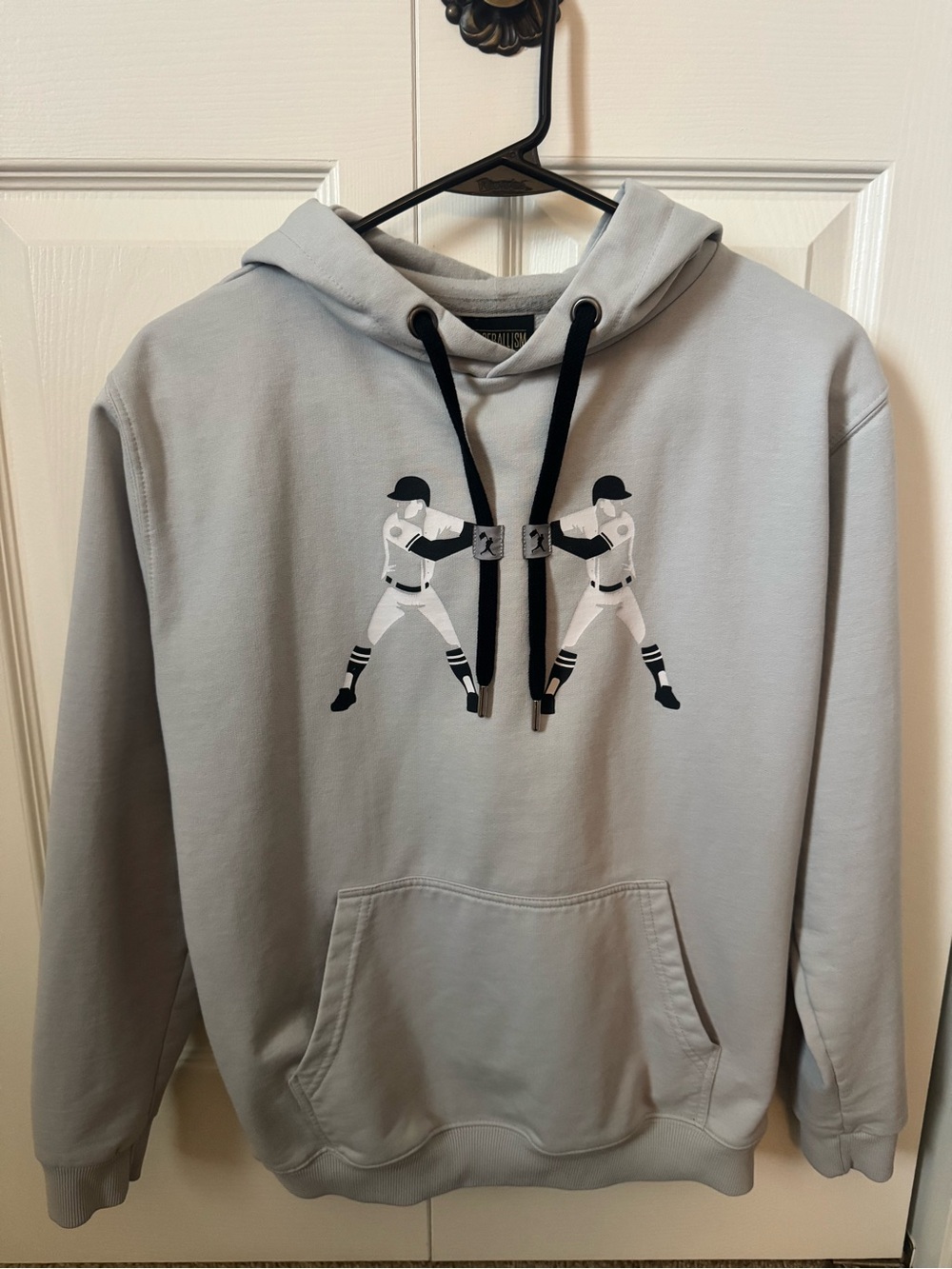 Light Gray Kids' Pullover Hoodie with Baseball Player Graphic